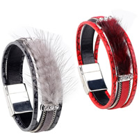 Cowhide Bracelet with Marten Hair & Zinc Alloy platinum color plated for woman &  & with rhinestone nickel lead & cadmium free 60mm Sold Per Approx 7.6 Inch Strand