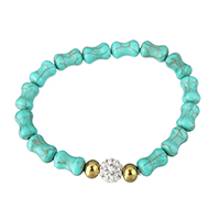 Fashion Turquoise Armbanden, Synthetische Turquoise, met Rhinestone Clay Pave Bead & Roestvrij staal, gold plated, voor vrouw, 10x10x10mm, 6x8x8mm, 13.5x8x8mm, Per verkocht Ca 8 inch Strand