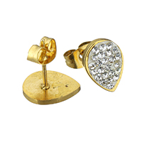 Stainless Steel Stud Earrings, with Rhinestone Clay Pave, Teardrop, gold color plated, 8x11x13mm, Sold By Pair