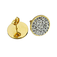 Stainless Steel Stud Earrings, with Rhinestone Clay Pave, Flat Round, gold color plated, 16x16x15mm, Sold By Pair