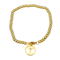 Pulsera de Acero Inoxidable, Logo de la paz, chapado en color dorado, pulsera del encanto & para mujer & con diamantes de imitación, 14x16x2mm, 3x4x4mm, Vendido para aproximado 7 Inch Sarta