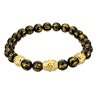 Wrist Mala Black Agate with Stainless Steel plated natural & om mani padme hum & for man & gold accent 8mm Sold Per Approx 8 Inch Strand
