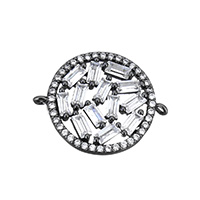 Mässing smycken Connector, Flat Round, plumbum svart färg klädd, med cubic zirconia & fasetterad & 1/1 slinga & ihålig, nickel, bly och kadmium gratis, 22x17.50x2.50mm, Hål:Ca 1mm, 10PC/Lot, Säljs av Lot
