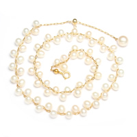 Gėlo vandens perlų Žalvaris grandinės karoliai, su Žalvarinis, su 5cm Extender grandinės, aukso spalva padengtas, gamtos & ovalo formos grandinės, 4-5mm, Parduota už Apytiksliai 12.5 Inch Strand