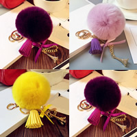Fur Ball Pom Pom Keychain Zinc Alloy with Rabbit Fur & Satin Ribbon & Velveteen Cord & Plastic Pearl gold color plated nickel lead & cadmium free 80mm Sold By PC