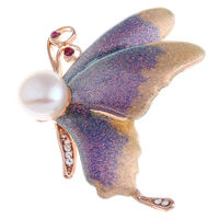 Freshwater Pearl Brooch Brass with Freshwater Pearl Butterfly rose gold color plated natural & enamel & with rhinestone & colorful powder nickel lead & cadmium free Sold By PC