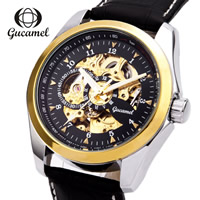 Guccamel® mannen sieraden horloge, PU, met zinklegering wijzerplaat & Glas, plated, verstelbaar & voor de mens, meer kleuren voor de keuze, nikkel, lood en cadmium vrij, 44x14mm, Lengte Ca 7.8 inch, Verkocht door PC