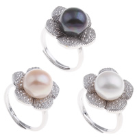 Freshwater Pearl Finger Ring Brass with Freshwater Pearl Flower platinum color plated open & adjustable & micro pave cubic zirconia & for woman nickel lead & cadmium free US Ring .5 Sold By PC