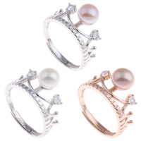 Brass Open Finger Ring with Freshwater Pearl Crown plated natural & adjustable & for woman & with cubic zirconia nickel lead & cadmium free US Ring Sold By PC