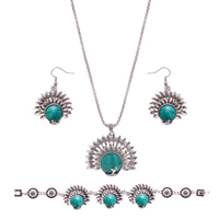 Turquoise Jewelry Sets bracelet & earring & necklace Zinc Alloy with iron chain iron earring hook with 5cm extender chain Peacock antique silver color plated lantern chain & with rhinestone lead & cadmium free  Length Approx 11.5 Inch Approx 8 Inch Sold By Set