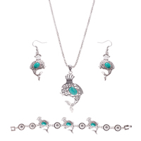Turquoise Jewelry Sets bracelet & earring & necklace Zinc Alloy with iron chain iron earring hook with 5cm extender chain Dolphin antique silver color plated lantern chain & with rhinestone lead & cadmium free  Length Approx 12 Inch Approx 8 Inch Sold By Set
