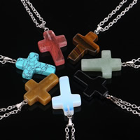 Unisex Necklace Gemstone with zinc alloy bail & iron chain Cross platinum color plated & oval chain 25mm Length Approx 19.5 Inch Sold By Bag