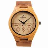 Redear® Unisex Jewelry Watch Cowhide with Bamboo & Glass & Stainless Steel plated natural & adjustable Approx 7 Inch Sold By PC