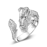 Mässing Cuff finger ring, Draken, äkta silver plated, justerbar & för kvinna, leda & kadmiumfri, 15mm, Storlek:6-8, Säljs av PC