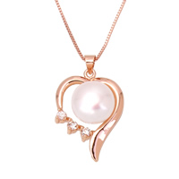 Freshwater Pearl Brass Necklace with Freshwater Pearl Heart rose gold color plated natural & box chain & for woman & with cubic zirconia nickel lead & cadmium free Sold Per Approx 16.5 Inch Strand