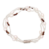 Freshwater Pearl Armband, med Glass Seed Beads, mässing magnetlås, naturlig, för kvinna, 4-5mm, Såld Per Ca 6.5 inch Strand