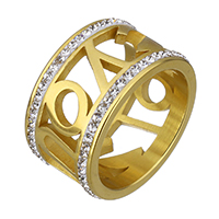 حجر الراين خاتم الإصبع الفولاذ المقاوم للصدأ, مع حجر الراين طين تمهيد, لون الذهب مطلي, حجم مختلفة للاختيار & للمرأة, 12mm, تباع بواسطة PC