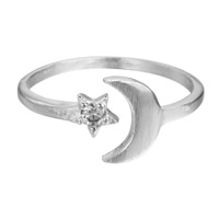 Messing Manchet Finger Ring, Maan en Ster, echte verzilverd, verstelbaar & voor vrouw & met strass, lood en cadmium vrij, 8.3x18.1mm, Maat:6.5-8, Verkocht door PC