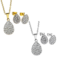 Rhinestone Jewelry Sets earring & necklace Stainless Steel with Rhinestone Clay Pave Teardrop plated oval chain Length Approx 18 Inch Sold By Lot