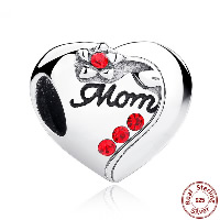 Thailand Sterling Silver European Bead Heart word mom Mother Day Jewelry & without troll & with rhinestone Approx 4.5mm Sold By PC