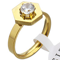 Rhinestone Stainless Steel Finger Ring Hexagon gold color plated & for woman & with rhinestone 11mm Sold By PC