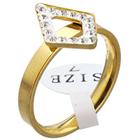 Rhinestone Stainless Steel Finger Ring with Rhinestone Clay Pave Rhombus gold color plated & for woman Sold By PC
