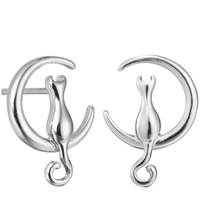 Brass Stud Earring Cat real silver plated for woman lead & cadmium free Sold By Pair