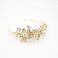 Zinc Alloy Hair Band with ABS Plastic Pearl & Crystal Flower gold color plated for bridal & faceted & with rhinestone lead & cadmium free 120-140mm Sold By PC