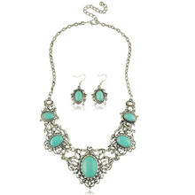 Turquoise Jewelry Sets earring & necklace Zinc Alloy antique silver color plated for woman blue lead & cadmium free Length Approx 27 Inch Sold By Set