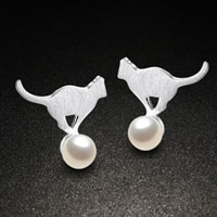 Brass Stud Earring with Glass Pearl Fox real silver plated brushed lead & cadmium free Sold By Pair