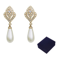 Brass Clip Earring with ABS Plastic Pearl Teardrop plated & for woman & with rhinestone lead & cadmium free Sold By Pair
