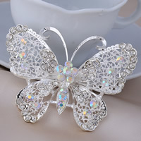 Rhinestone Brooch Zinc Alloy Butterfly silver color plated for woman & with rhinestone lead & cadmium free Sold By Bag