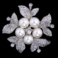 Plástico Broche Perla, aleación de zinc, con Perlas de plástico ABS, Hoja, chapado en color de plata, para mujer & con diamantes de imitación, libre de plomo & cadmio, 37x37mm, 3PCs/Bolsa, Vendido por Bolsa