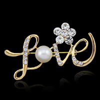 Crystal Brooch Zinc Alloy with ABS Plastic Pearl & Crystal Letter word love gold color plated for woman lead & cadmium free 54-30mm Sold By Bag