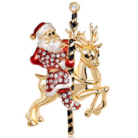 Christmas Brooches Zinc Alloy Santa Claus gold color plated Christmas jewelry & for woman & enamel & with rhinestone lead & cadmium free Sold By Bag