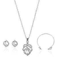Zinc Alloy Jewelry Sets bangle & earring & necklace with iron chain & Cubic Zirconia Leaf platinum color plated oval chain & for woman lead & cadmium free  Inner Approx 58mm Length Approx 7 Inch Approx 17.5 Inch Sold By Set