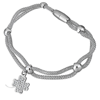 Mesh Tube Bracelet Stainless Steel with Rhinestone Clay Pave Four Leaf Clover charm bracelet & mesh chain & for woman original color 3mm Sold Per Approx 8 Inch Strand