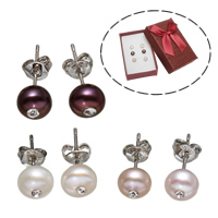 Freshwater Pearl Earrings Brass with paper box & Freshwater Pearl platinum color plated with rhinestone mixed colors nickel lead & cadmium free 7-7.5mm Sold By Box