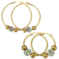 Stainless Steel Hoop Earring with Rhinestone Clay Pave Bead gold color plated & for woman Sold By Lot