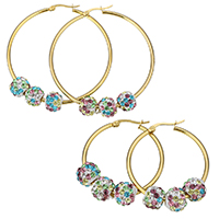 Stainless Steel Hoop Earring with Rhinestone Clay Pave Bead gold color plated & for woman Sold By Lot