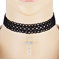 Módní obojek náhrdelník, Krajka, s Zinek, s 5cm extender řetězce, pro ženy & s drahokamu, 300mm, Prodáno za Cca 11.5 inch Strand
