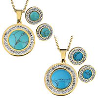 Turquoise Jewelry Sets, pendant & earring, Stainless Steel, with Rhinestone Clay Pave, Flat Round, gold color plated, oval chain & for woman, 28x28mm,2mm,15mm, Length:19 Inch, Sold By Set