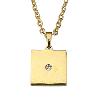 Stainless Steel Jewelry Necklace,  Square, gold color plated, oval chain & with rhinestone, 12x14mm,2mm, Sold Per 15 Inch Strand