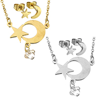 Austrian Crystal Jewelry Sets earring & necklace Stainless Steel with Austrian Crystal Moon and Star plated oval chain & faceted 1.5mm  Length Approx 17 Inch Sold By Set