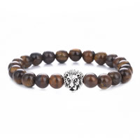 Unisex Bracelet Tiger Eye with Velveteen & Zinc Alloy Lion antique silver color plated 8mm Length Approx 7.5-8 Inch Sold By Lot