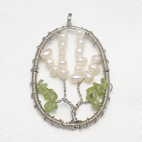 Tree Of Life Pendants Brass with Freshwater Pearl & Green Quartz Flat Oval platinum color plated tree of life design nickel lead & cadmium free Approx 3.5mm Sold By PC