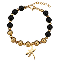 Stainless Steel Jewelry Bracelet with Glass with 1Inch extender chain Dragonfly gold color plated charm bracelet & for woman 8mm Sold Per Approx 7 Inch Strand
