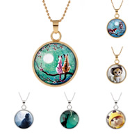 Zinc Alloy Sweater Necklace with Glass Flat Round plated time gem jewelry & Unisex & ball chain & decal lead & cadmium free 25mm Length Approx 23.5 Inch Sold By Bag