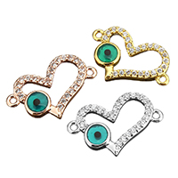 Cubic Zirconia Micro Pave Brass Connector Heart plated evil eye pattern & micro pave cubic zirconia & epoxy gel & 1/1 loop & hollow Sold By Lot