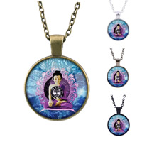 Tibetan Style Sweater Necklace, with iron chain & Glass, Flat Round, plated, time gem jewelry & Buddhist jewelry & Unisex & oval chain & decal, more colors for choice, lead & cadmium free, 25mm, Length:Approx 27.5 Inch, 3Strands/Bag, Sold By Bag